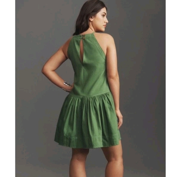 Pilcro Anthropologie Kayla Flounce Green Denim Drop Waist Mini Dress Sz M - Picture 2 of 13